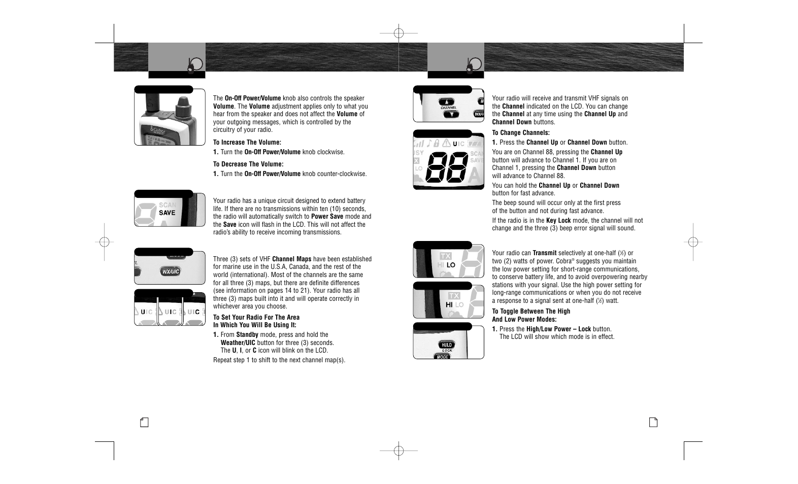 Getting started, Channels, Transmit power output | Volume, Power saver, U.s.a./international/canada channel maps | Cobra Electronics MR HH100 VP User Manual | Page 17 / 23