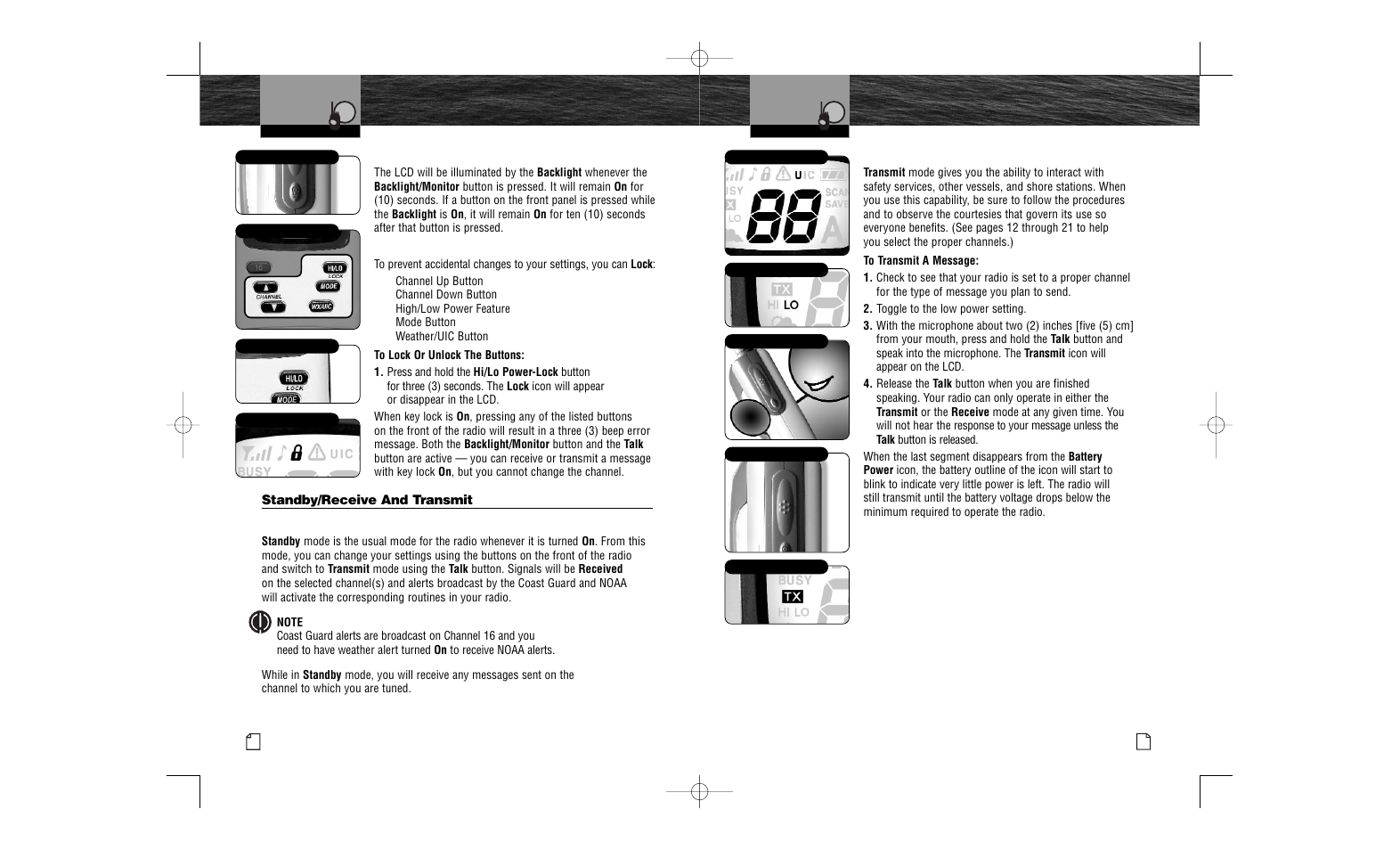 Backlight, Key lock, Standby/receive and transmit | Standby and receive, Transmit | Cobra Electronics MR HH100 VP User Manual | Page 18 / 23