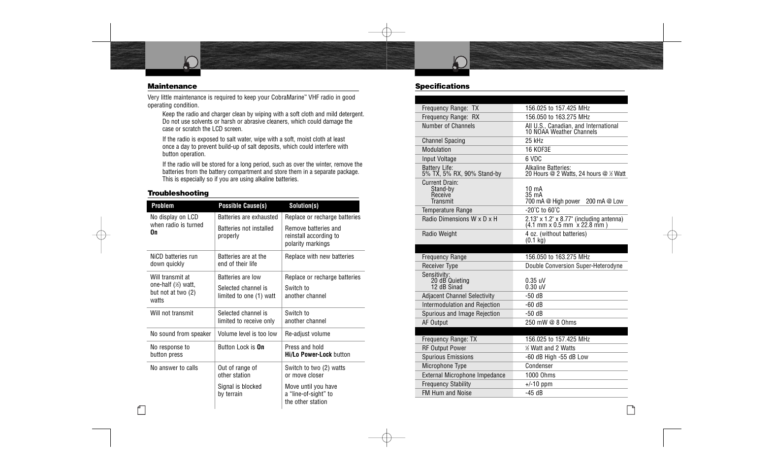 Specifications, Maintenance and troubleshooting | Cobra Electronics MR HH100 VP User Manual | Page 21 / 23