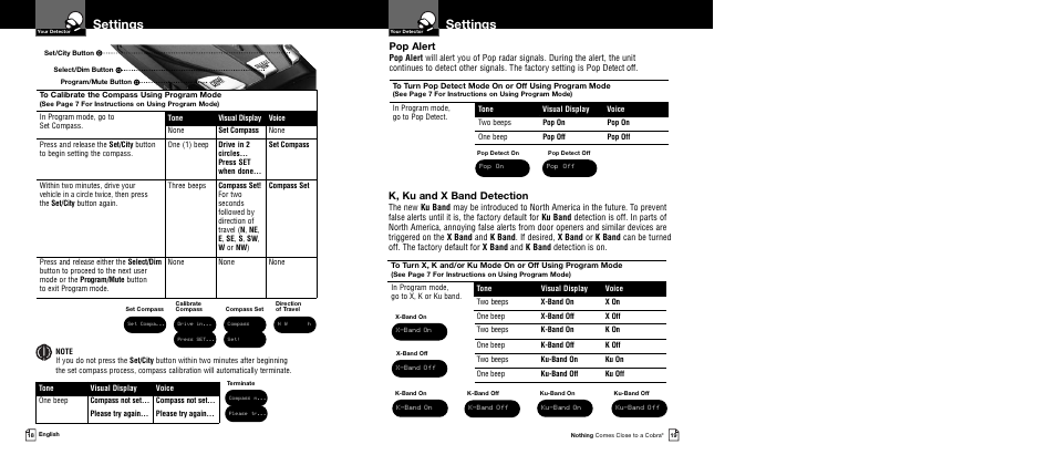 Settings, Pop alert, K, ku and x band detection | Cobra Electronics XRS 9730 User Manual | Page 12 / 21