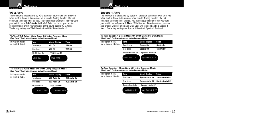 Settings, Spectre 1 alert, Vg-2 alert | Cobra Electronics XRS 9730 User Manual | Page 13 / 21