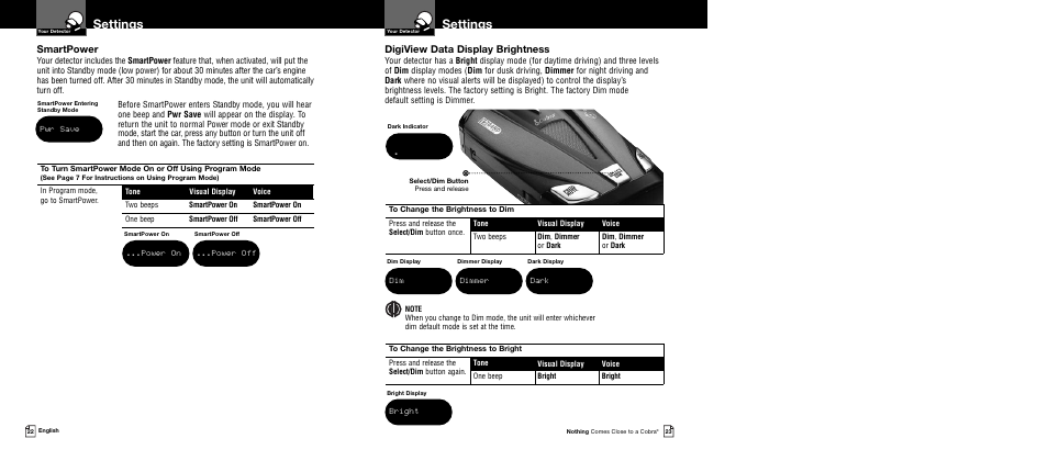 Settings, Digiview data display brightness, Smartpower | Bright, Dimmer, Dark, Pwr save, Power on, Power off | Cobra Electronics XRS 9730 User Manual | Page 14 / 21