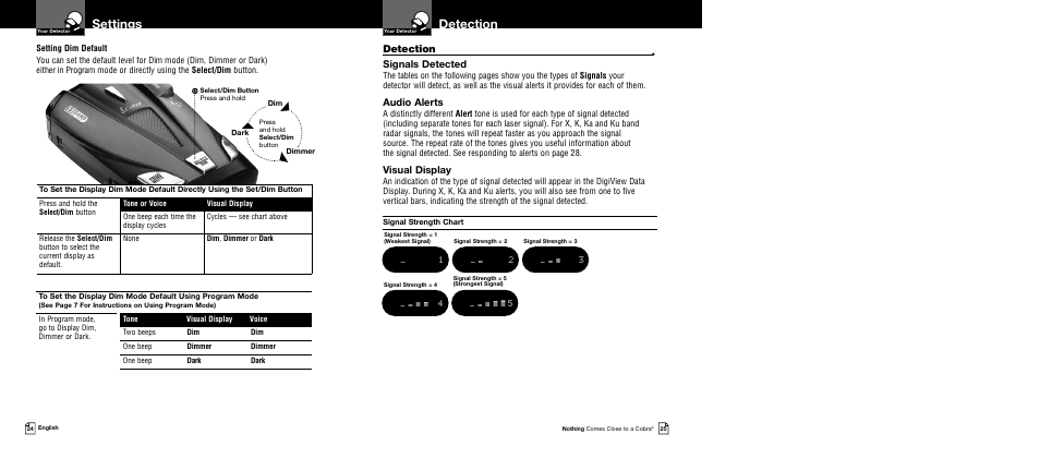 Detection, Settings, Signals detected | Audio alerts, Visual display | Cobra Electronics XRS 9730 User Manual | Page 15 / 21