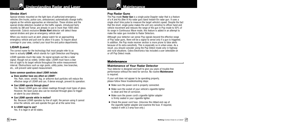 Maintenance, Understanding radar and laser, Pop radar guns | Maintenance of your radar detector, Strobe alert, Lidar (laser) | Cobra Electronics XRS 9730 User Manual | Page 18 / 21