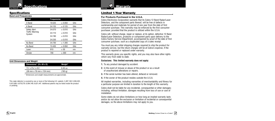 Warranty, Specifications, Limited 1-year warranty | Cobra Electronics XRS 9730 User Manual | Page 19 / 21
