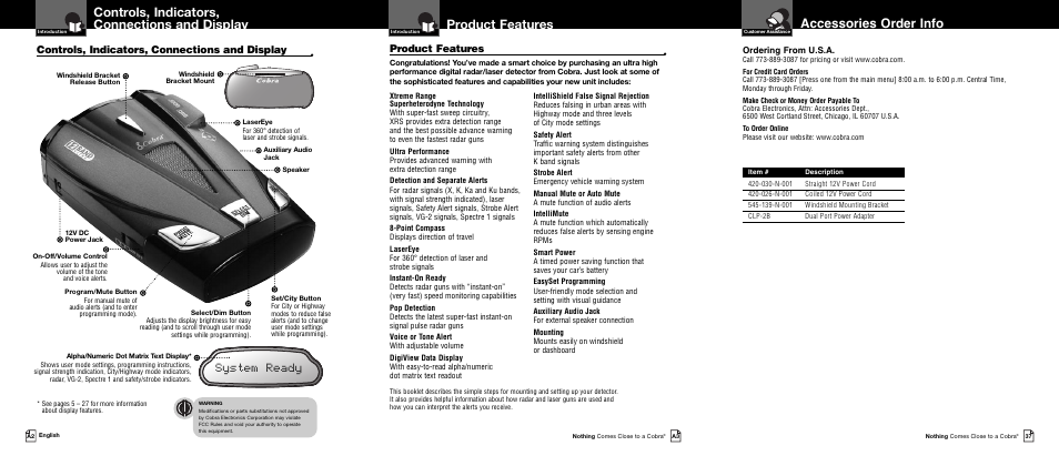 Product features, Controls, indicators, connections and display, System ready accessories order info | Ordering from u.s.a | Cobra Electronics XRS 9730 User Manual | Page 2 / 21