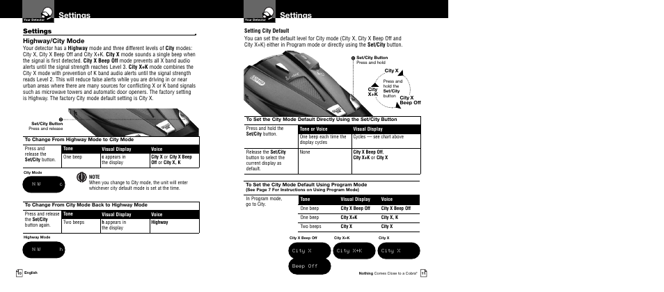 Settings, Highway/city mode, City x beep off | City x+k, City x | Cobra Electronics XRS 9730 User Manual | Page 8 / 21