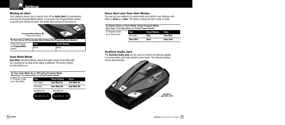 Settings, Auxiliary audio jack, Muting an alert | Auto mute mode, Voice alert and tone alert modes | Cobra Electronics XRS 9730 User Manual | Page 9 / 21