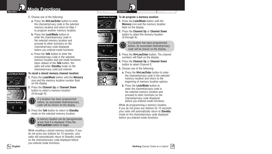 Mode functions | Cobra Electronics MICROTALK PR5000DX User Manual | Page 11 / 19