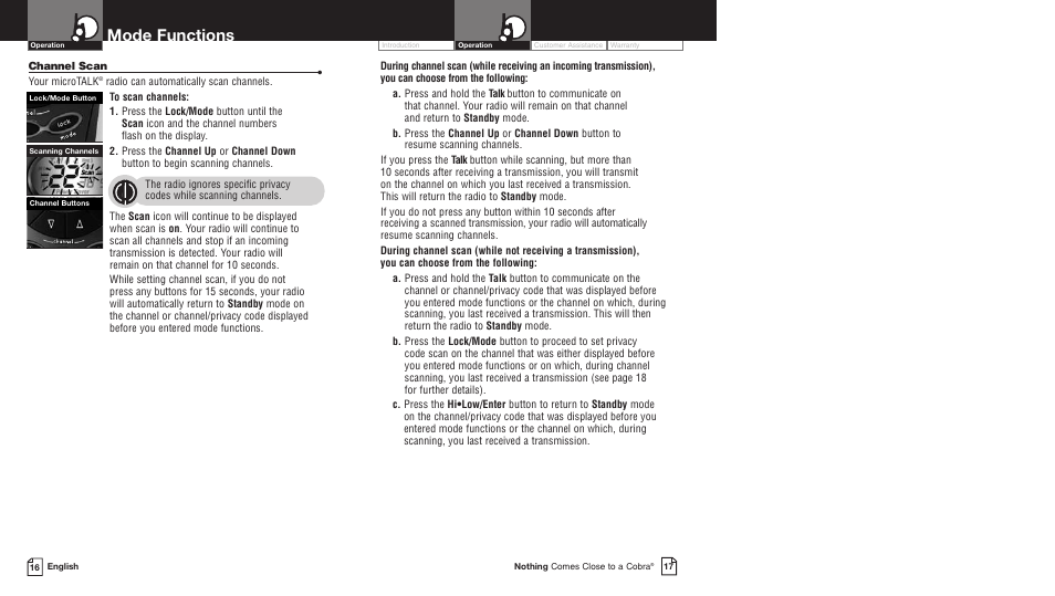 Mode functions | Cobra Electronics MICROTALK PR5000DX User Manual | Page 12 / 19
