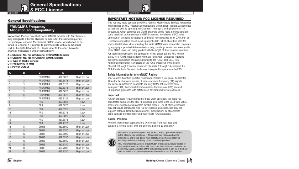 General specifications & fcc license | Cobra Electronics MICROTALK PR5000DX User Manual | Page 16 / 19