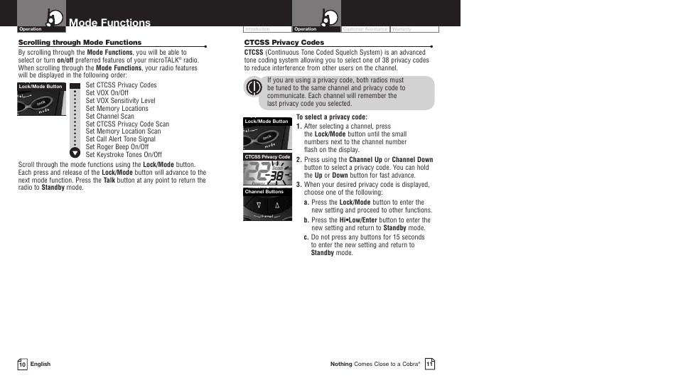 Mode functions | Cobra Electronics MICROTALK PR5000DX User Manual | Page 9 / 19