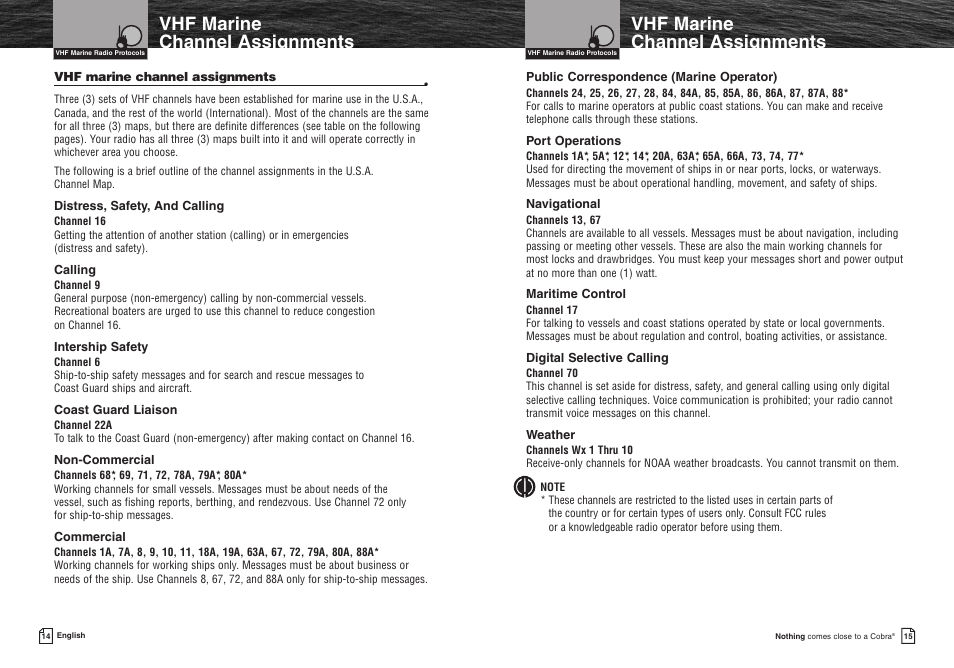 Vhf marine channel assignments, Customer assistance | Cobra Electronics MR HH400X VP User Manual | Page 10 / 27