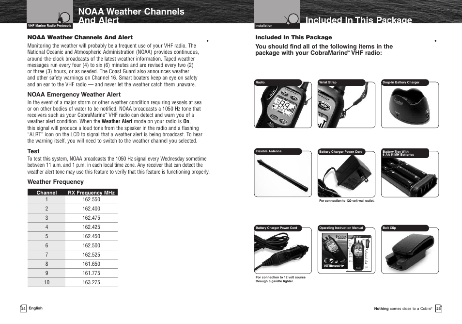 Noaa weather channels and alert, Included in this package, Assistance | Cobra Electronics MR HH400X VP User Manual | Page 15 / 27