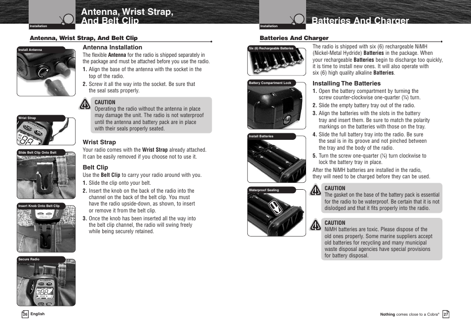 Antenna, wrist strap, and be, Batteries and charger, Antenna, wrist strap, and belt clip | Caution, Warning, Customer assistance, Antenna installation, Wrist strap, Belt clip, Installing the batteries | Cobra Electronics MR HH400X VP User Manual | Page 16 / 27