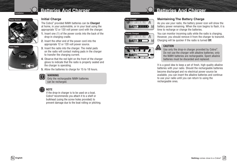 Batteries and charger, Initial charge, Maintaining the battery charge | The cobra | Cobra Electronics MR HH400X VP User Manual | Page 17 / 27