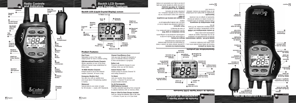 Backlit lcd screen and product features, Radio controls and indicators, Controles e indicadores del radio | Cobra Electronics MR HH400X VP User Manual | Page 2 / 27