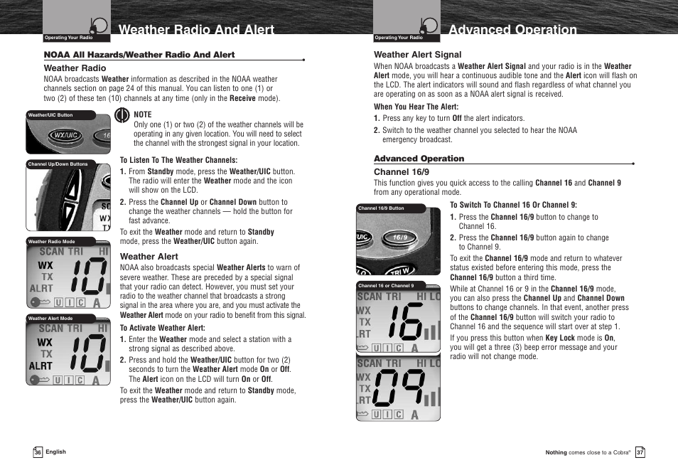 Weather radio and alerts, Advanced operation, Hazards/weather radio and alerts | Weather radio and alert advanced operation | Cobra Electronics MR HH400X VP User Manual | Page 21 / 27