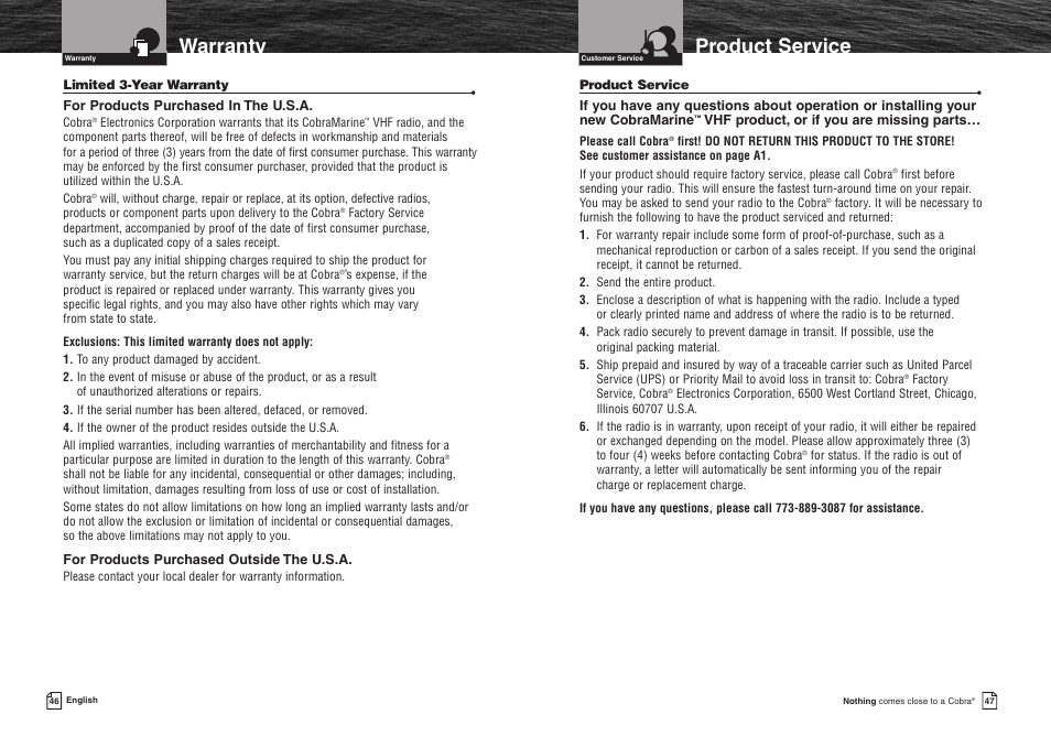 Warranty, Product service, Ear warranty | Caution, Warning | Cobra Electronics MR HH400X VP User Manual | Page 26 / 27