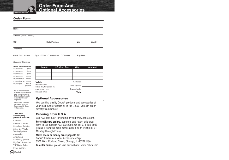 Optional accessories, Order form and optional accessories, Ordering from u.s.a | You can find quality cobra, Products and accessories at your local cobra, Order form | Cobra Electronics MR HH400X VP User Manual | Page 27 / 27