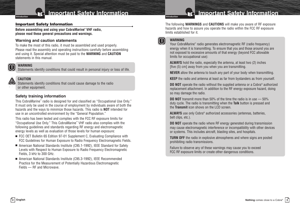 Important safety information, Installation, Customer | Warning and caution statements, Safety training information | Cobra Electronics MR HH400X VP User Manual | Page 4 / 27