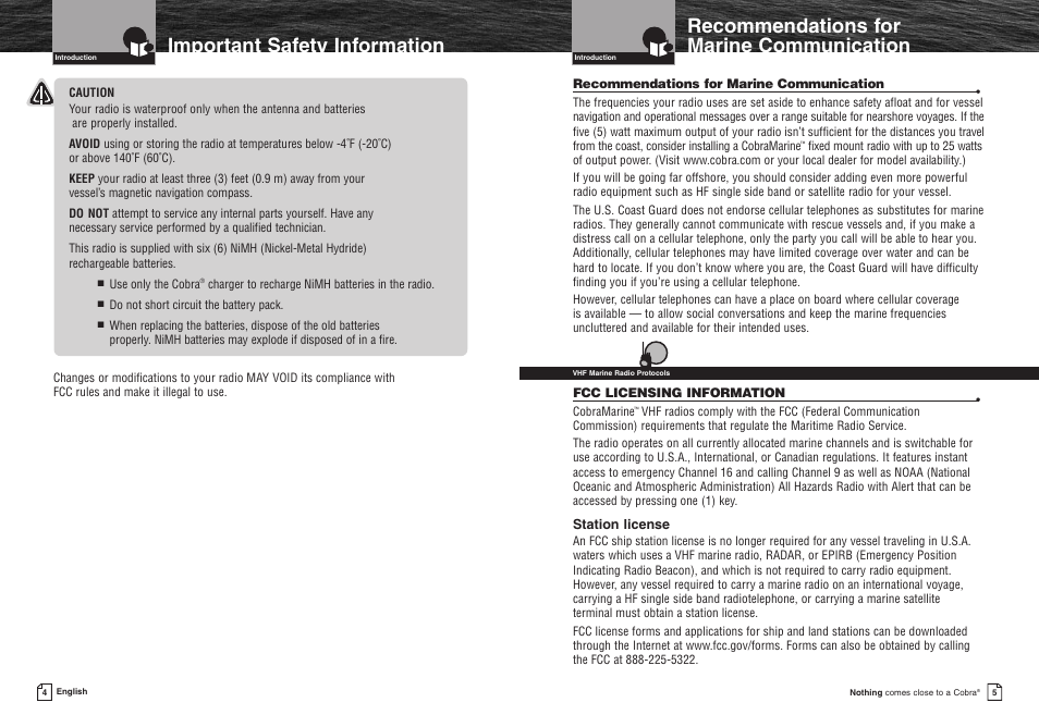 Recommendations for marine c, Recommendations for marine communication, Assistance | Important safety information, Station license | Cobra Electronics MR HH400X VP User Manual | Page 5 / 27