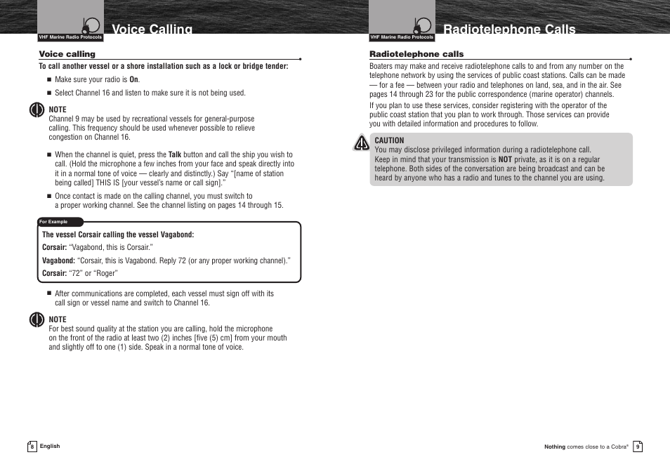 Voice calling, Radiotelephone calls, Notice | Caution, Warning, Voice calling radiotelephone calls | Cobra Electronics MR HH400X VP User Manual | Page 7 / 27