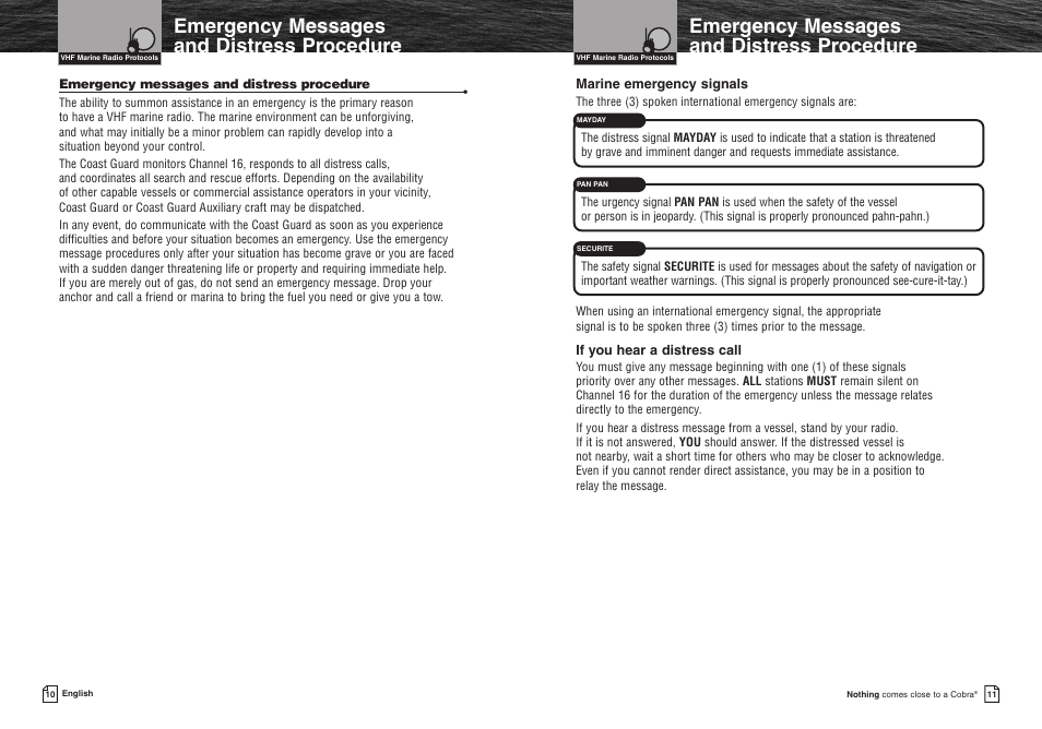 Emergency messages and distr, Emergency messages and distress procedure | Cobra Electronics MR HH400X VP User Manual | Page 8 / 27