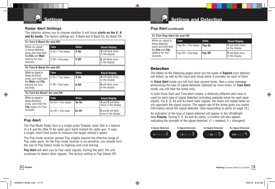 Settings and detection, Settings, Detection | Radar alert settings, Pop alert | Cobra Electronics 14 BAND XRS 9470 User Manual | Page 10 / 15