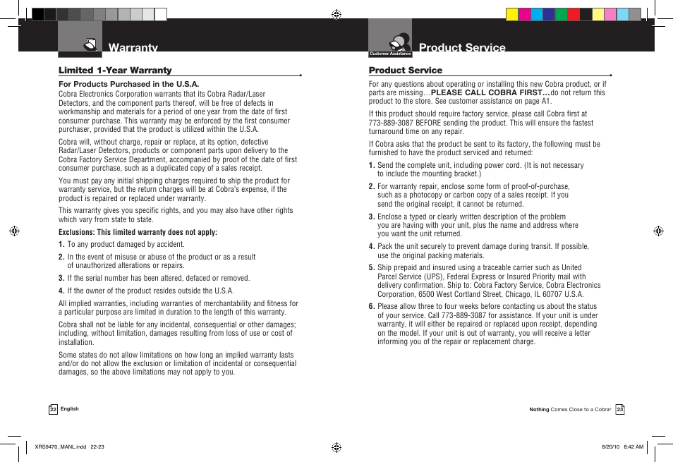 Product service, Warranty | Cobra Electronics 14 BAND XRS 9470 User Manual | Page 14 / 15