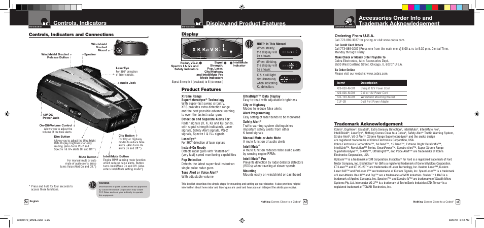 Display and product features, Controls, indicators and connections, X k ka v s | Display, Product features, Trademark acknowledgement | Cobra Electronics 14 BAND XRS 9470 User Manual | Page 2 / 15