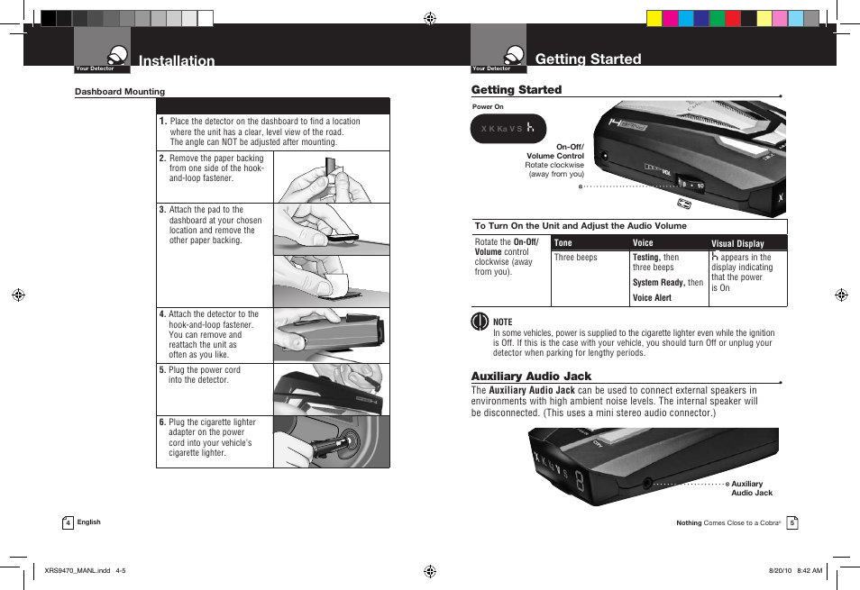 Installation, Getting started, Auxiliary audio jack | Cobra Electronics 14 BAND XRS 9470 User Manual | Page 5 / 15