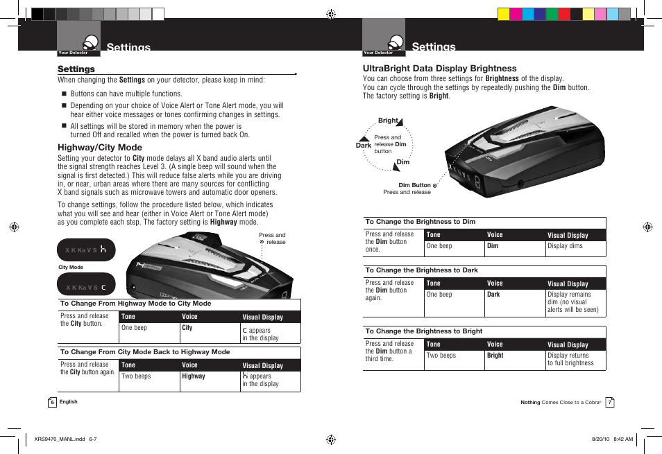 Settings, Ultrabright data display brightness, Highway/city mode | Cobra Electronics 14 BAND XRS 9470 User Manual | Page 6 / 15