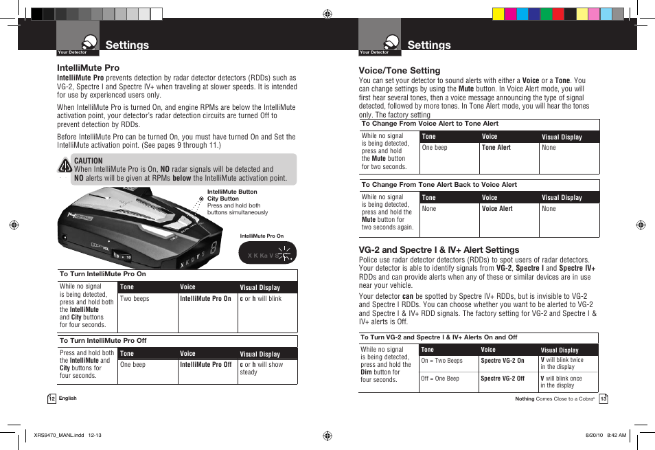 Settings, Voice/tone setting, Vg-2 and spectre i & iv+ alert settings | Intellimute pro | Cobra Electronics 14 BAND XRS 9470 User Manual | Page 9 / 15
