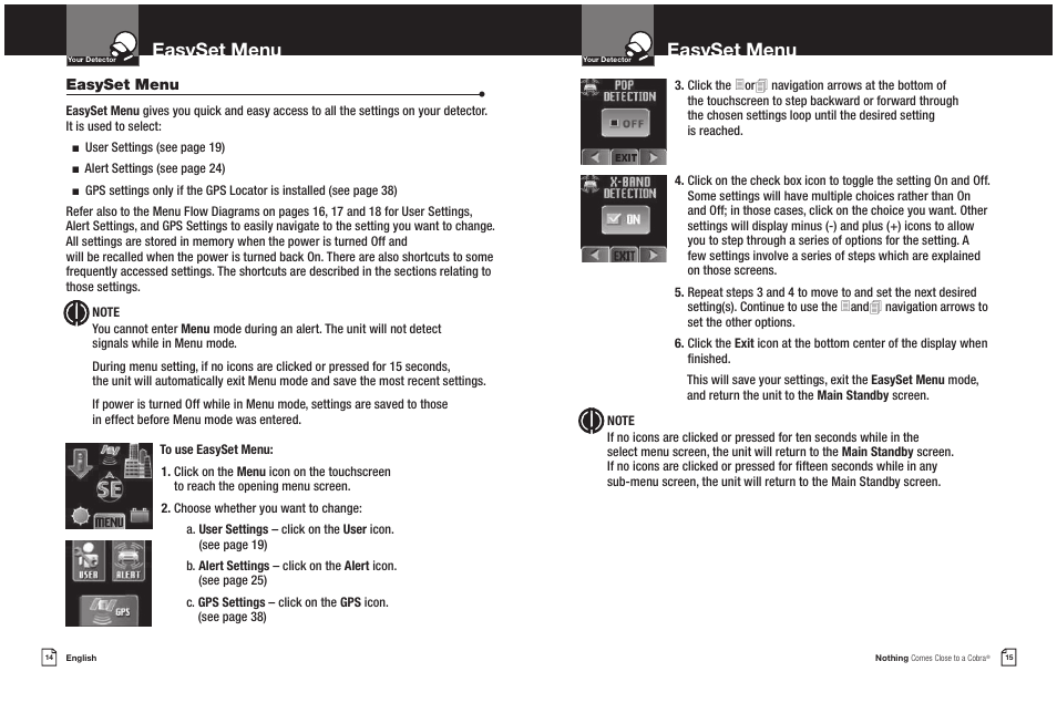 Easyset menu | Cobra Electronics XRS 9965/70G User Manual | Page 10 / 27