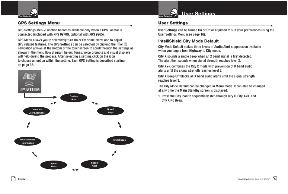 User settings, Intellishield city mode default, Gps settings menu | Cobra Electronics XRS 9965/70G User Manual | Page 12 / 27