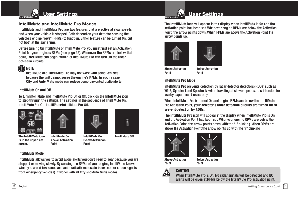 User settings, Intellimute and intellimute pro modes | Cobra Electronics XRS 9965/70G User Manual | Page 13 / 27