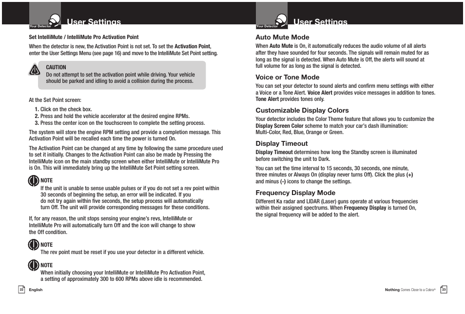 User settings | Cobra Electronics XRS 9965/70G User Manual | Page 14 / 27