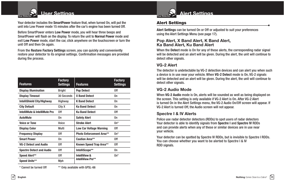 User settings, Alert settings | Cobra Electronics XRS 9965/70G User Manual | Page 15 / 27