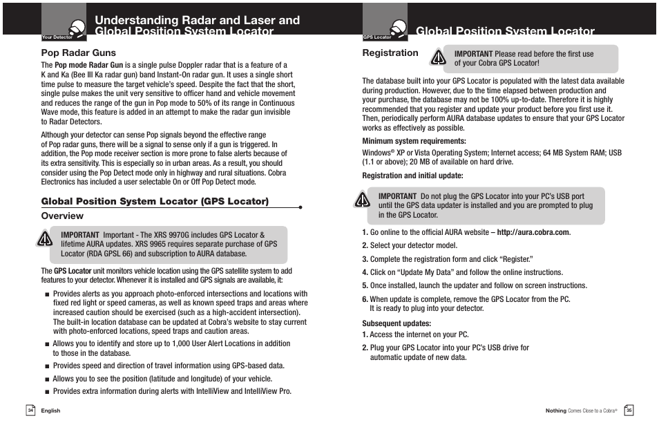 Global position system locator, Pop radar guns, Registration | Cobra Electronics XRS 9965/70G User Manual | Page 20 / 27