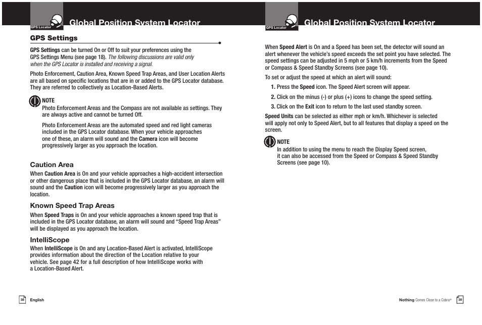 Global position system locator, Gps settings, Caution area | Known speed trap areas, Intelliscope | Cobra Electronics XRS 9965/70G User Manual | Page 22 / 27