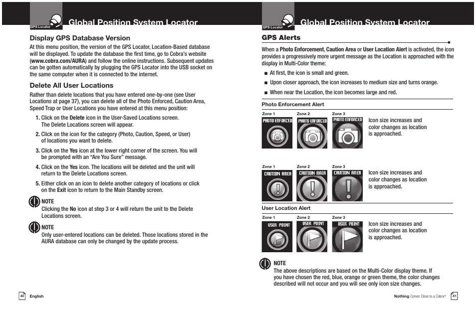 Global position system locator, Gps alerts, Display gps database version | Delete all user locations | Cobra Electronics XRS 9965/70G User Manual | Page 23 / 27