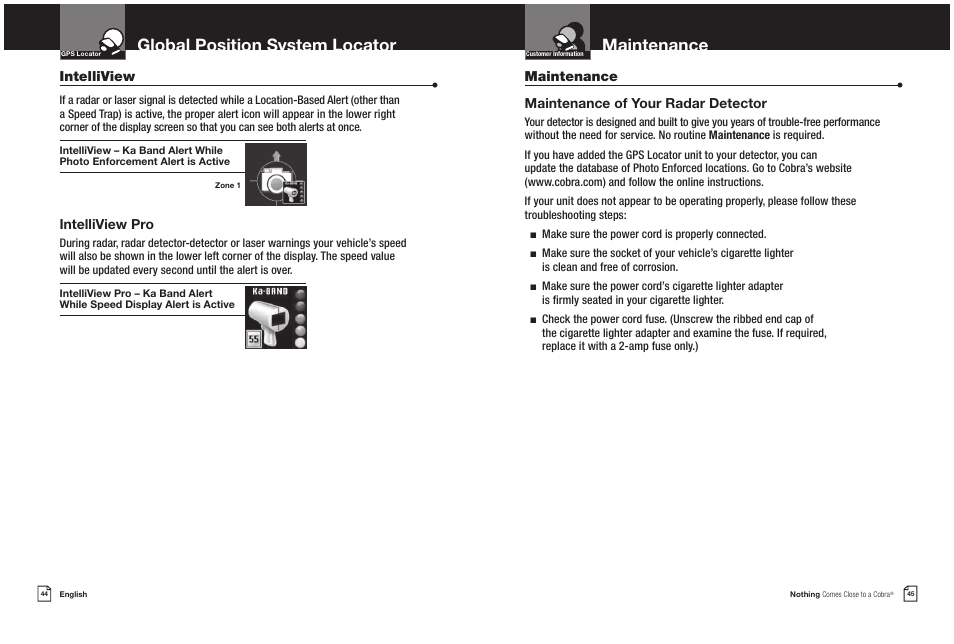 Global position system locator, Maintenance, Maintenance • maintenance of your radar detector | Intelliview, Intelliview pro | Cobra Electronics XRS 9965/70G User Manual | Page 25 / 27