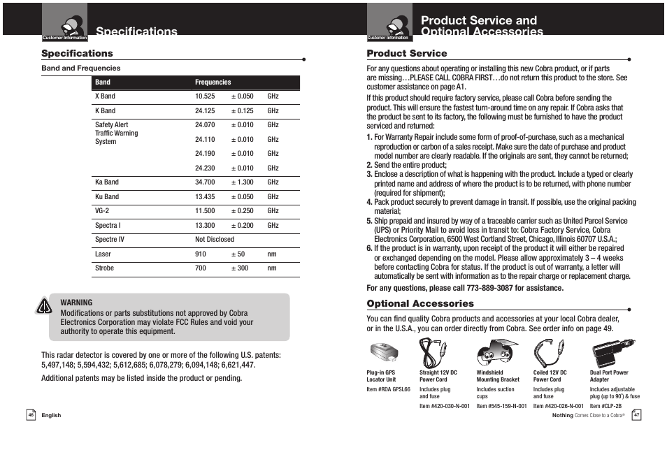 Specifications, Product service and optional accessories, Product service | Optional accessories | Cobra Electronics XRS 9965/70G User Manual | Page 26 / 27