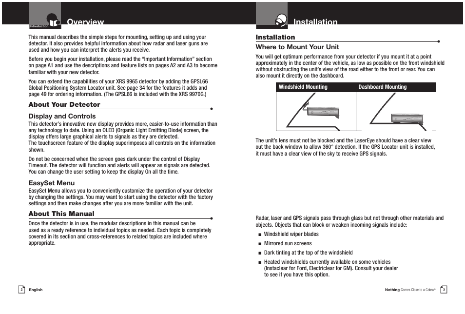Overview, Installation | Cobra Electronics XRS 9965/70G User Manual | Page 4 / 27