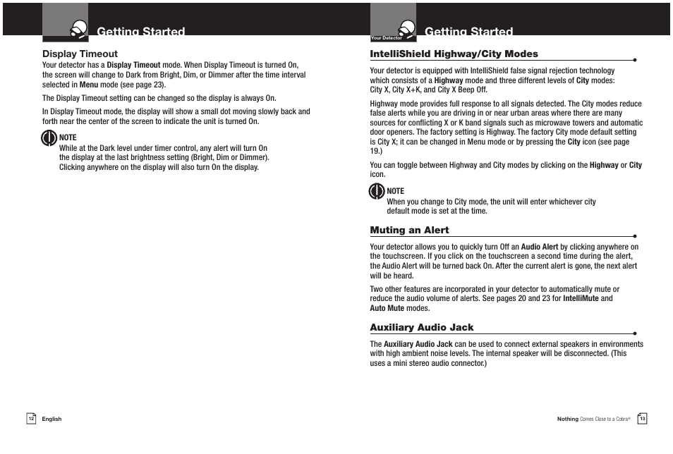 Getting started, Display timeout, Intellishield highway/city modes | Muting an alert, Auxiliary audio jack | Cobra Electronics XRS 9965/70G User Manual | Page 9 / 27