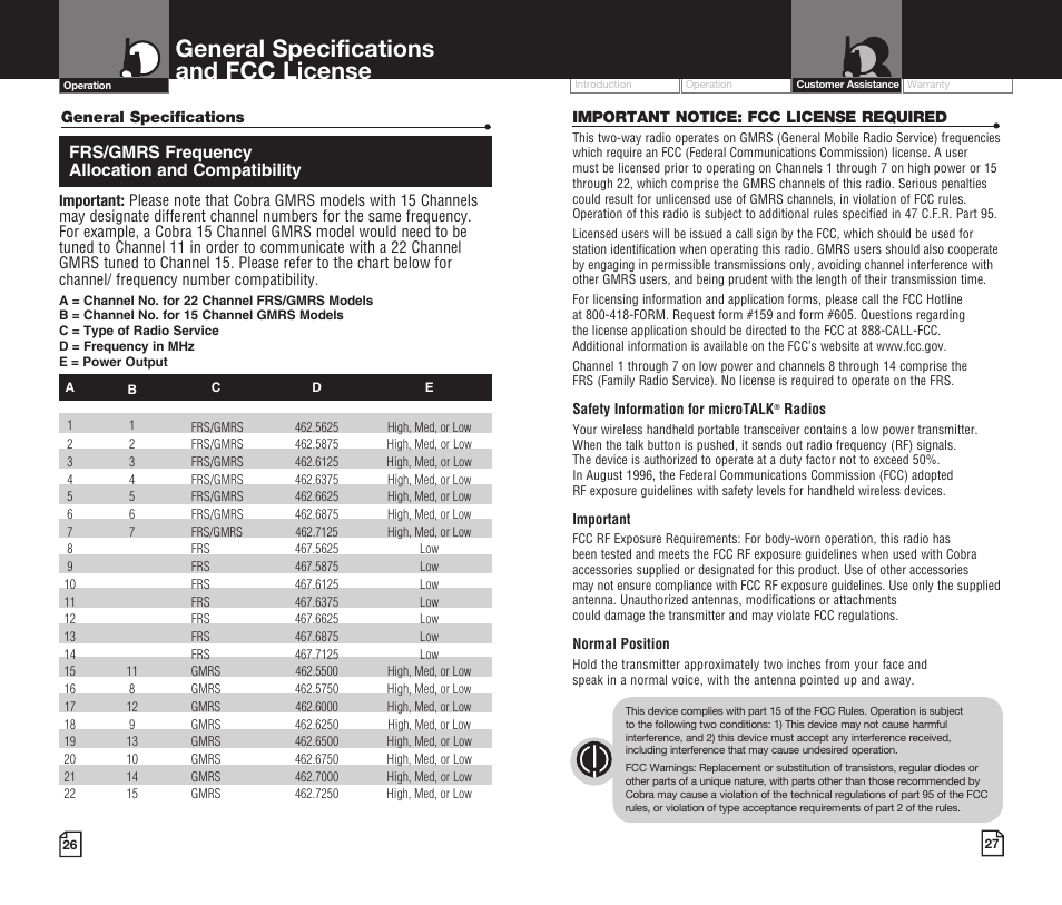 General specifications and fcc license, Frs/gmrs frequency allocation and compatibility | Cobra Electronics LI 720 User Manual | Page 16 / 17