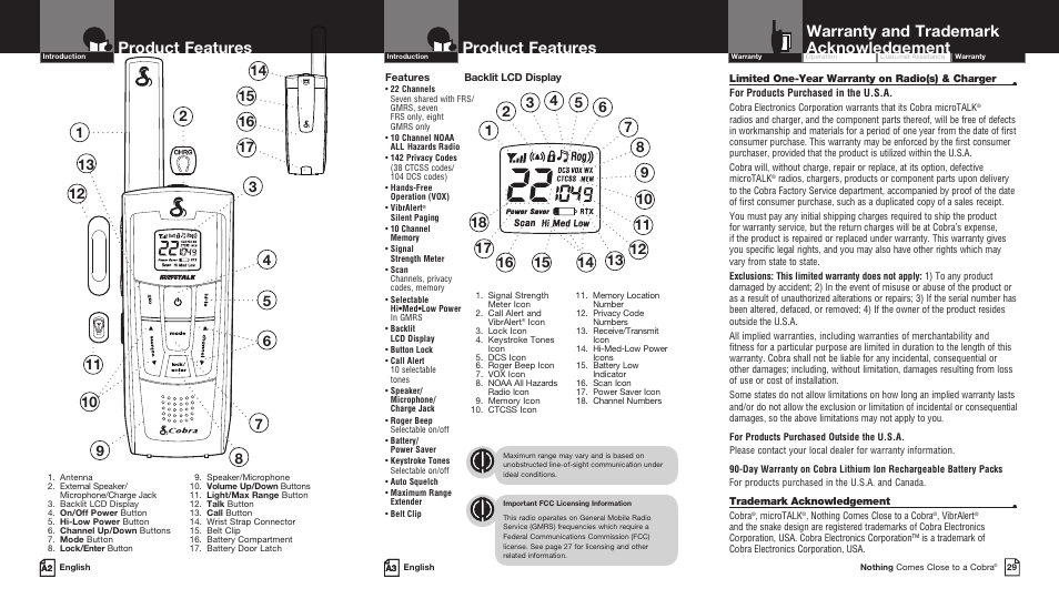 Product features, Warranty and trademark acknowledgement | Cobra Electronics LI 720 User Manual | Page 2 / 17