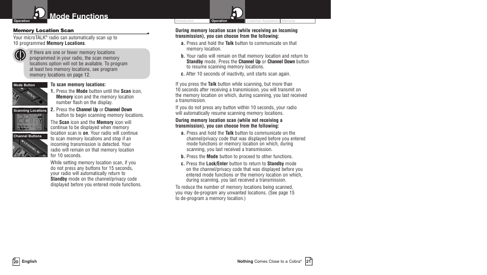 Mode functions | Cobra Electronics LI 3900DX User Manual | Page 14 / 19