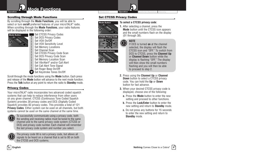 Mode functions | Cobra Electronics LI 3900DX User Manual | Page 8 / 19